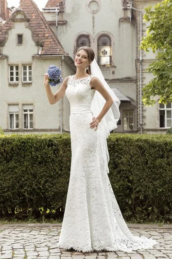 Buy More, Save More Jeweled Neck Sleeveless Sheath Lace Wedding Dress With Ruched Waist