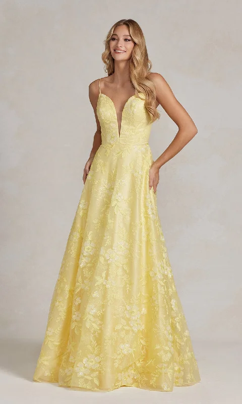 Clearance Event Long Yellow Prom Ball Gown with Plunging V-Neck