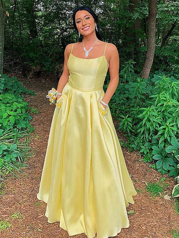 Fashion-Forward Outfits Simple Open Back Yellow Satin Long Prom Dresses with Pocket, Thin Straps Yellow Formal Graduation Evening Dresses SP2189