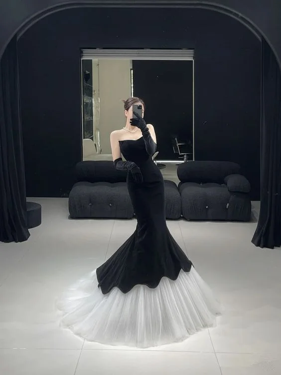 Spring Fashion Black Strapless Velvet Mermaid Prom Dress, Elegant Sleeveless Formal Gown Y7136