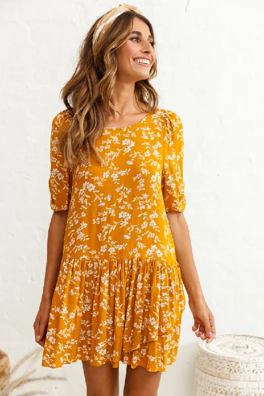 Holiday Sale Marika Dropped Waist Short Sleeve Shift Dress Floral Print Mustard