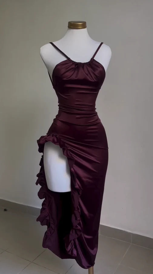 Feminine Soft - Hued Look Burgundy Straps Open Back Ruffles Sheath Satin Midi Party Dress MD7478