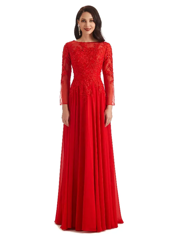 Hollywood Glam Award - Show Style Elegant A-line Long Sleeves Lace Long Mother of The Bride Dresses