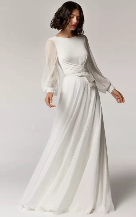 Rustic Countryside Charm Look Flowy Chiffon Long Sleeve Empire Sheath Wedding Dress with Low-v Back