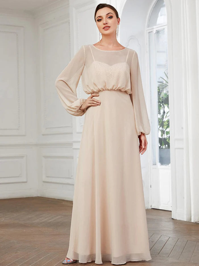 Limited-Time Offer Sheer Peasant Long Sleeve Overlay Illusion Chiffon Evening Dress