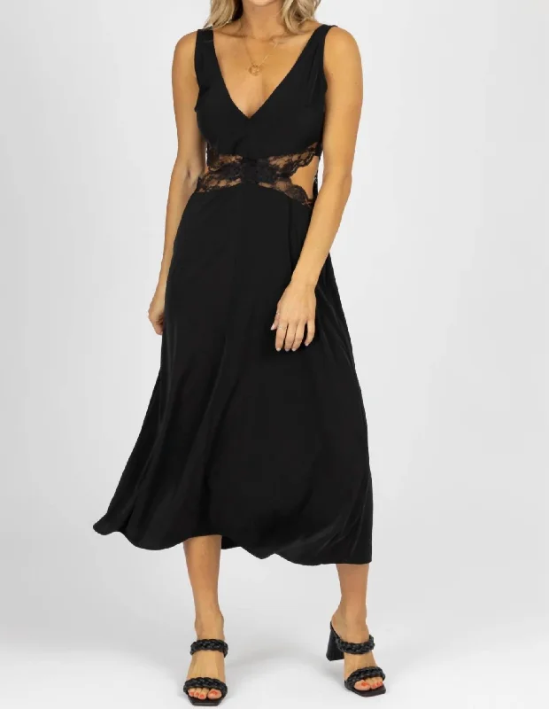 Final Clearance Lace Trim Cutout Midi Dress In Black