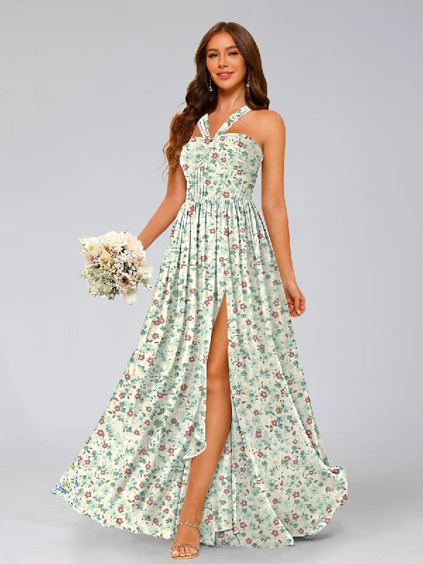 Fashion-Forward Outfits A-Line/Princess Halter Sleeveless Split Side Floral Bridesmaid Dresses