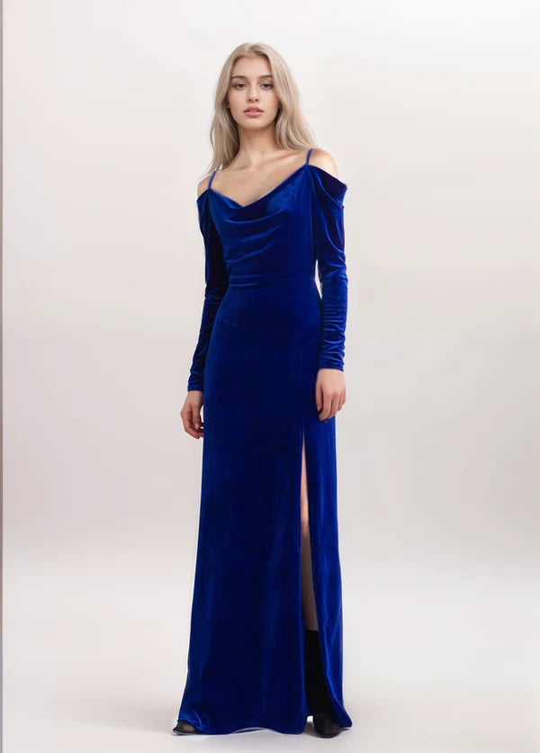 Exclusive Discount Off-the-shoulder Long Sleeves sheath Velvet Prom Dress Side slit