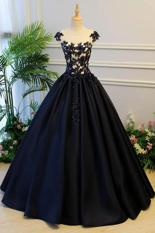 Pastel Styles Generous Princess Cap Sleeves Scoop Black Applique Satin Long Prom/Evening Dress M1206