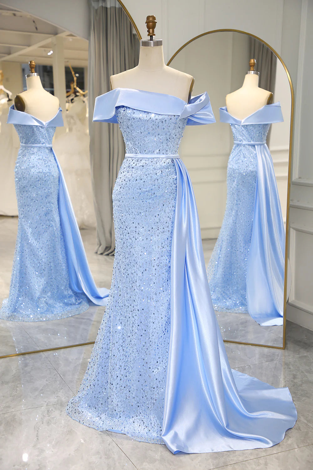 Chic Outfits Amzcw Sparkly Light Blue Long Sequin Strapless Prom Dress With Slit prom dresses with long sleeves