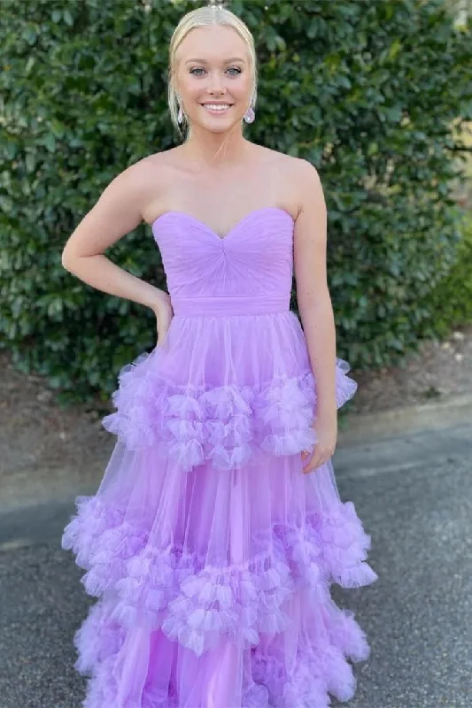 Limited Styles Lilac Sweetheart Tulle Long Prom Dress with Ruffles, A Line Floor Length Formal Gown Y6376