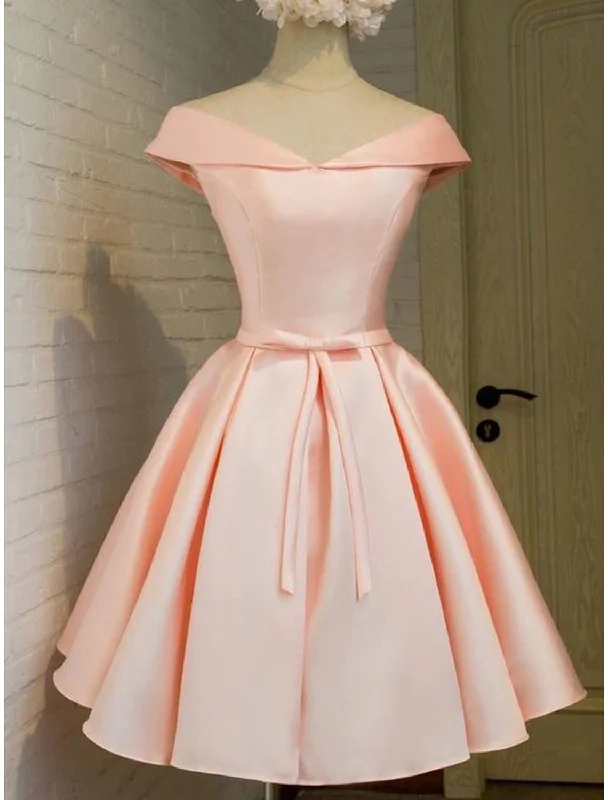 Hot Styles A-Line Homecoming Dresses Elegant Dress Holiday Graduation Short / Mini Sleeveless Off Shoulder Pink Dress Satin with Strappy