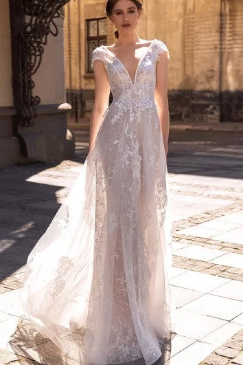 Best-Sellers Elegant A Line Lace Floor-length Floor-length Backless Wedding Dress with Appliques