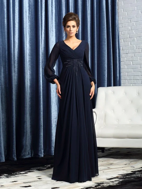 Early Access To Art Deco Styles Sale A-Line/Princess V-neck Beading Long Sleeves Long Chiffon Mother of the Bride Dresses