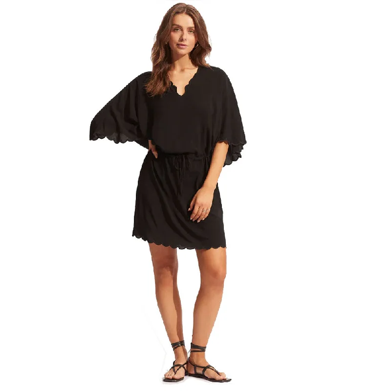 Elegant Women's Fashion Seafolly Gia Scallop Kaftan Dress Cover Up - Black