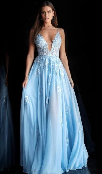 Women's Outfit For The Office Jovani - Embroidered Deep V-neck A-line Dress 58632SC - 1 pc Light-Blue In Size 6 Available