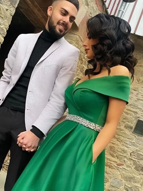 Season Sale Off the Shoulder Green Satin Long Prom Dresses with Belt, Off Shoulder Green Formal Graduation Evening Dresses SP2130