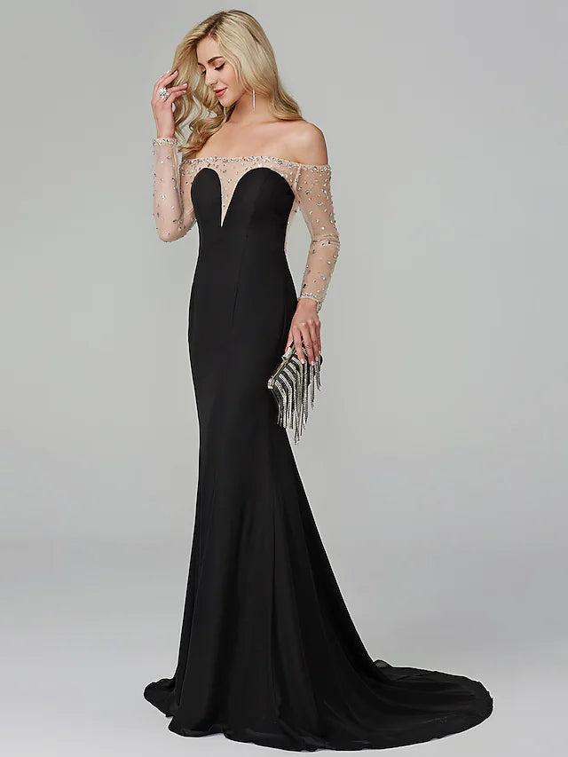 Limited - Time Bundle See Through Dress Holiday Floor Length Long Sleeve Off Shoulder Chiffon with Beading