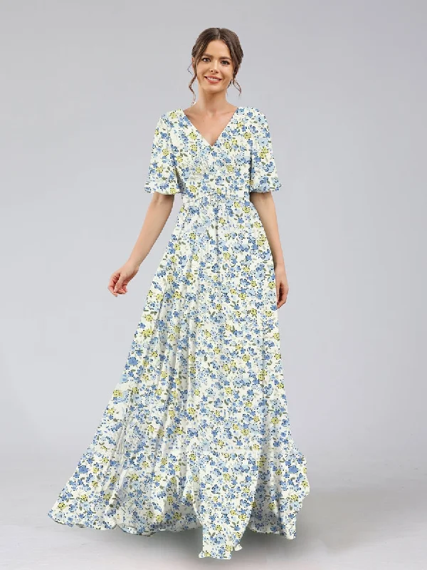 End - Of - Month Blowout A-Line/Princess V-Neck Half Sleeves Ruched Floral Bridesmaid Dresses