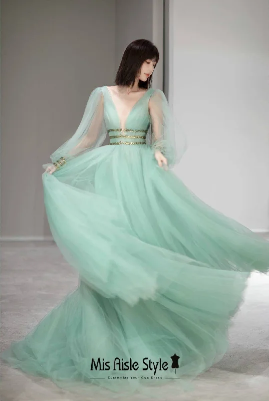 Tropical Island - Inspired Attire Sheer Long Sleeve Mint Green Tulle Party Dress