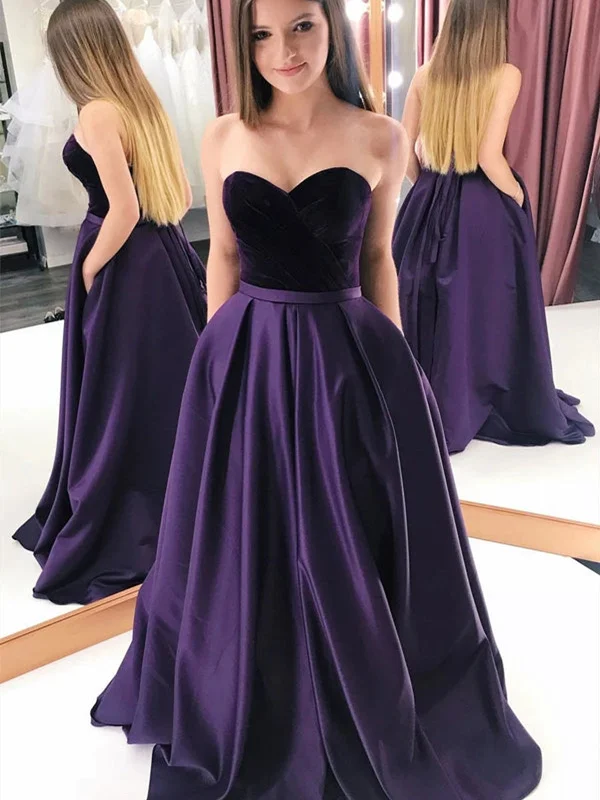 Spring Fashion Sweetheart Neck Purple Satin Long Prom Dresses with Velvet Top, Long Purple Formal Graduation Evening Dresses SP2246