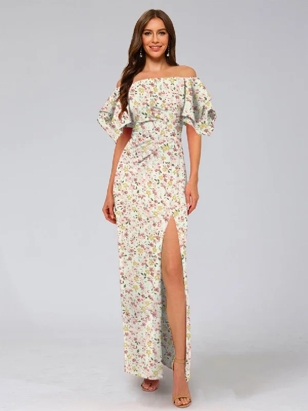 Unbeatable Prices Sheath/Column Off-the-Shoulder Half Sleeves Ruched Floral Bridesmaid Dresses