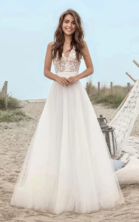 Tropical Island - Inspired Attire Beach V-neck A-line Tulle Destination Wedding Dress with Lace Top