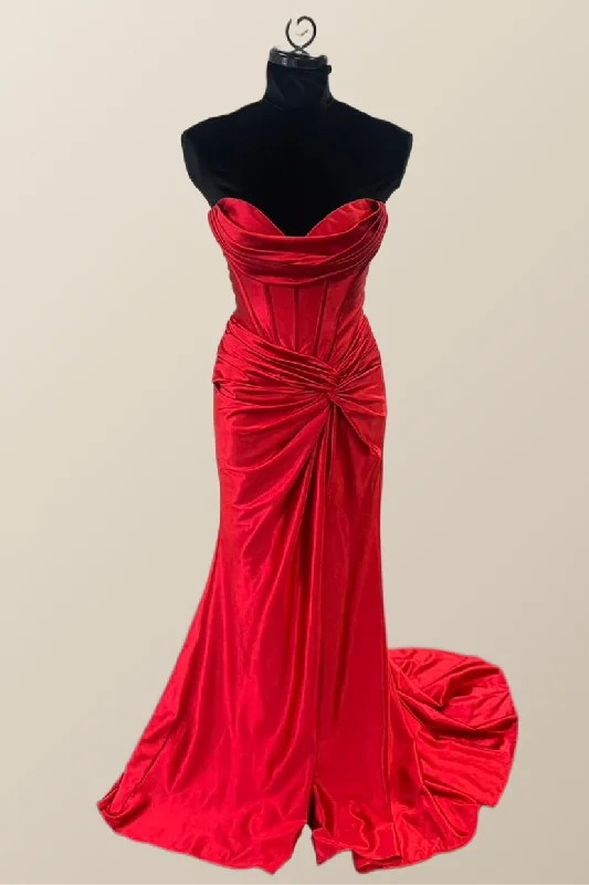 Limited Styles Sweetheart Red Satin Mermaid Long Prom Dress