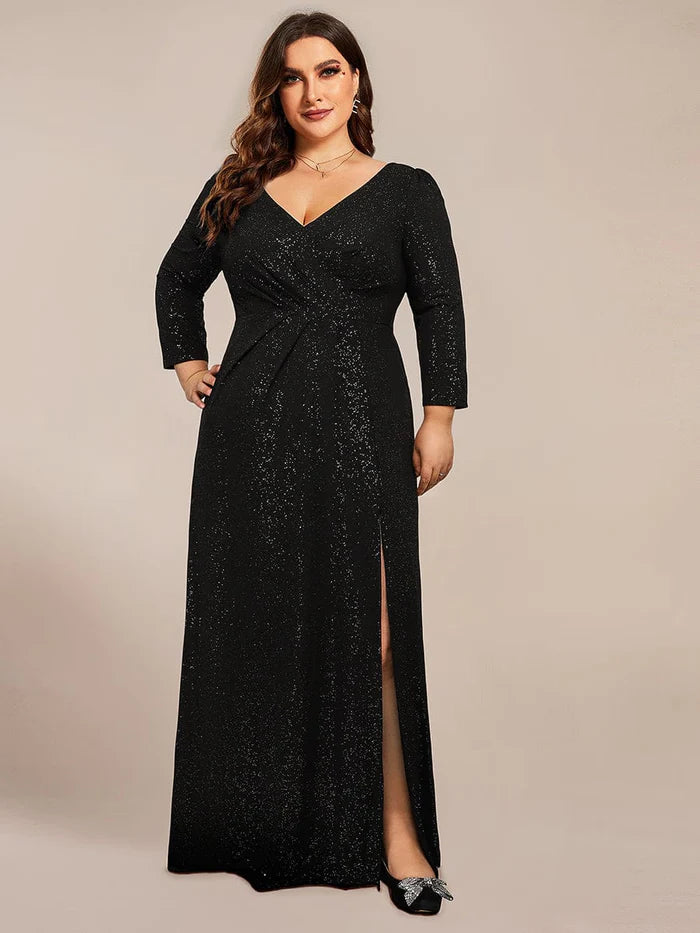 Tropical Island - Inspired Attire Plus Size Long Sleeve V-Neck Glitter High Slit Evening Dress