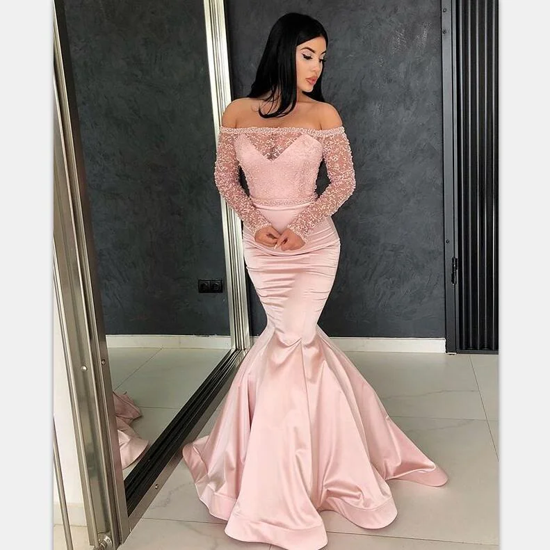 Grab Romantic Date - Night Styles Now Long Sleeves Pink Mermaid Long prom Dresses,evening dress, party dresses , PD0911