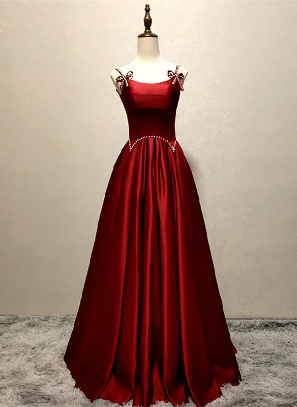 Special Offer Wine Red Straps A-Line Satin Long Formal Party Dress with Pearls MD7357