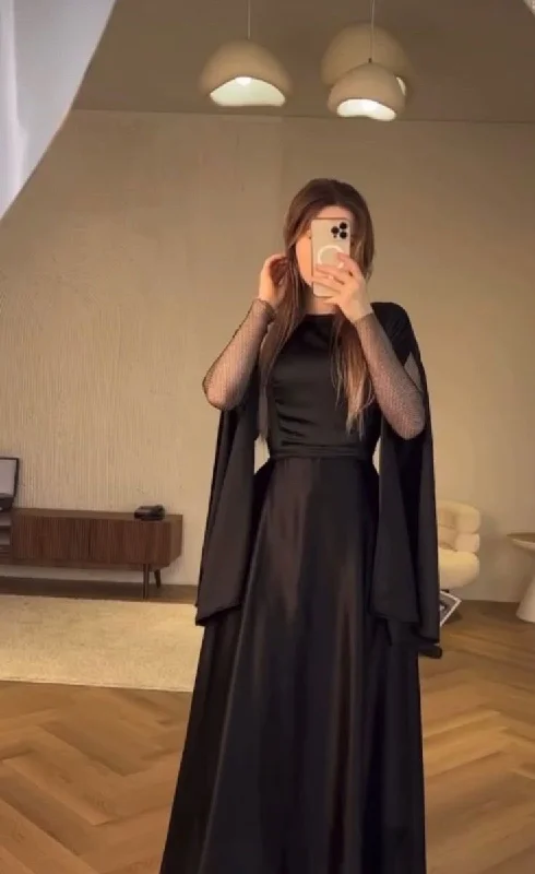 Discounts On Casual Weekend Styles Fashion Elegant Black Long Sleeve Dress A-line Evening Prom Dress      S6758