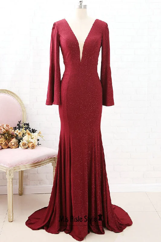 Parisian Effortless Chic Style Fit and Flare Long Sleeve Sparkle Burgundy Evening Dress