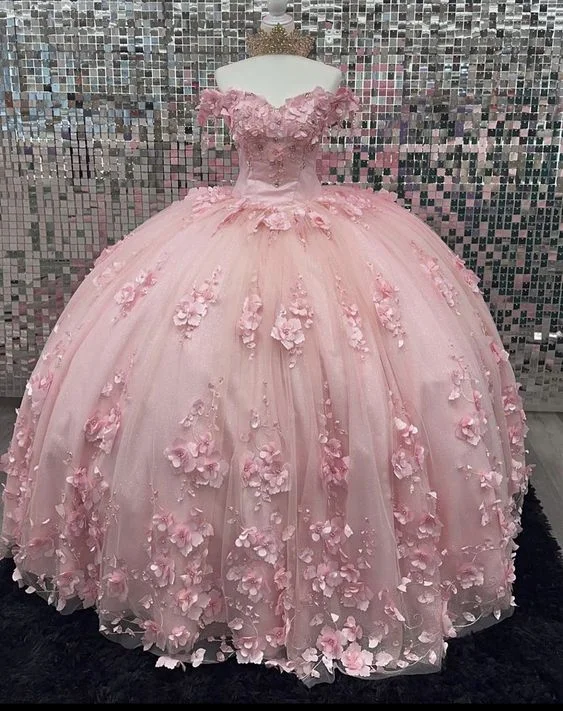 Buy More, Save More Pink Off Shoulder Ball Gown Quinceanera Dresses 3D Appliques Corset Dress Y6791