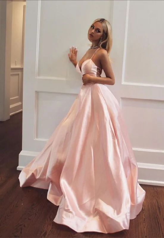 Limited Time Deal Light Pink Straps A-Line Satin Long Prom Dress Graduation Dress MD7358