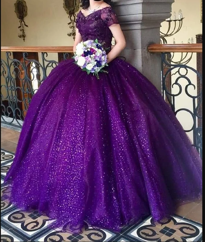 Rustic Countryside Charm Look Glitter Off The Shoulder Purple Ball Gown,Purple Quinceanera Dress,Sweet 16 Dress Y4941