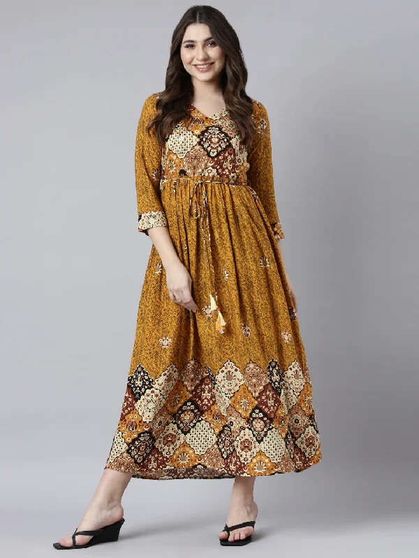 Limited - Stock Neerus Mustard Straight Casual Floral Maxi Dresses