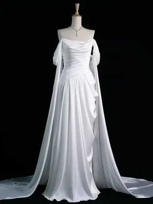 Elegant Style White Off Shoulder A-Line Satin Long Formal Party Dress MD7352