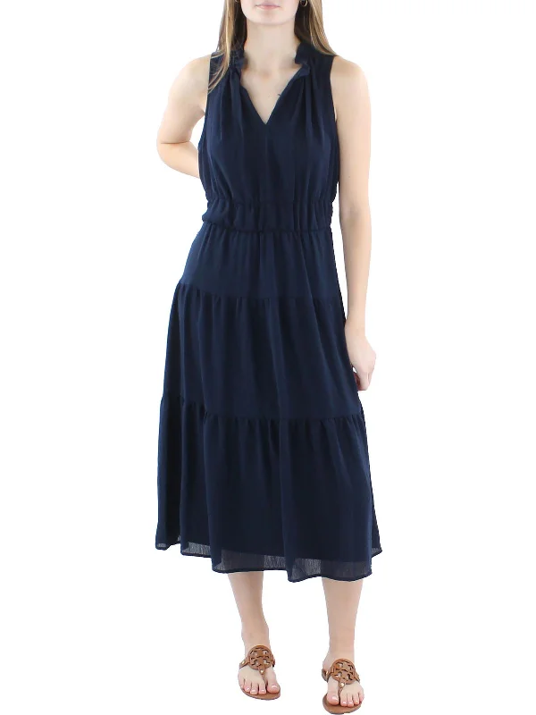 Final Clearance Womens Tiered Split Neck Midi Dress