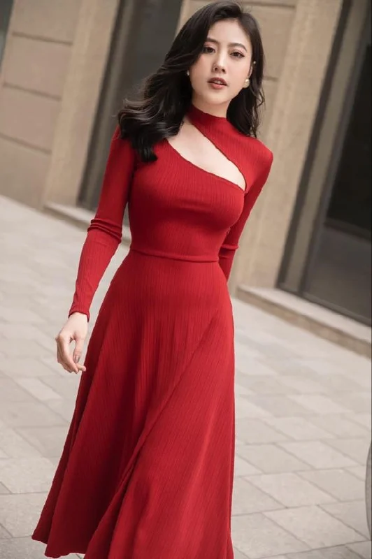 Big Savings On Minimalist Office Styles Red A-line Long Sleeves Prom Dress,Red Party Gown Y7096