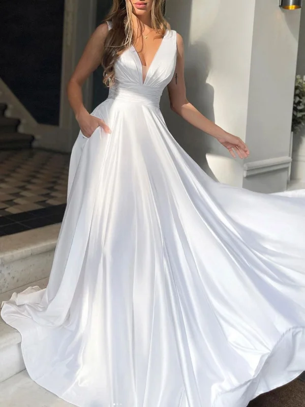 Style Upgrade Simple V Neck White/Green Satin Long Prom Dresses, Long White/Green Formal Graduation Evening Dresses SP2229