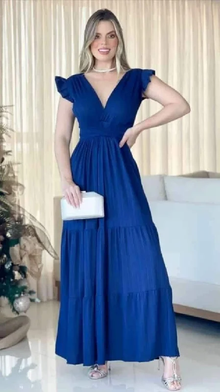 Spring Wardrobe Modest A-line V Neck Blue Prom Dress,Blue Evening Gown  Y5085