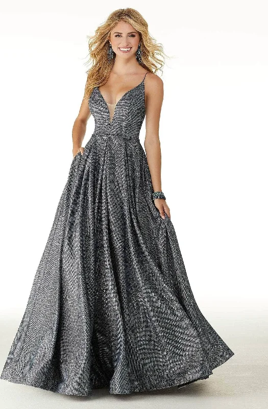 Flash Discount Mori Lee - Metallic Plunging V Neck A-Line Dress 45076