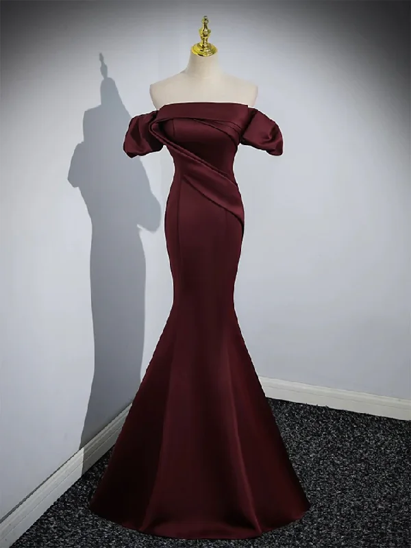 Parisian Effortless Chic Style Burgundy Satin Mermaid Off Shoulder Formal Evening Party Dress MD7179