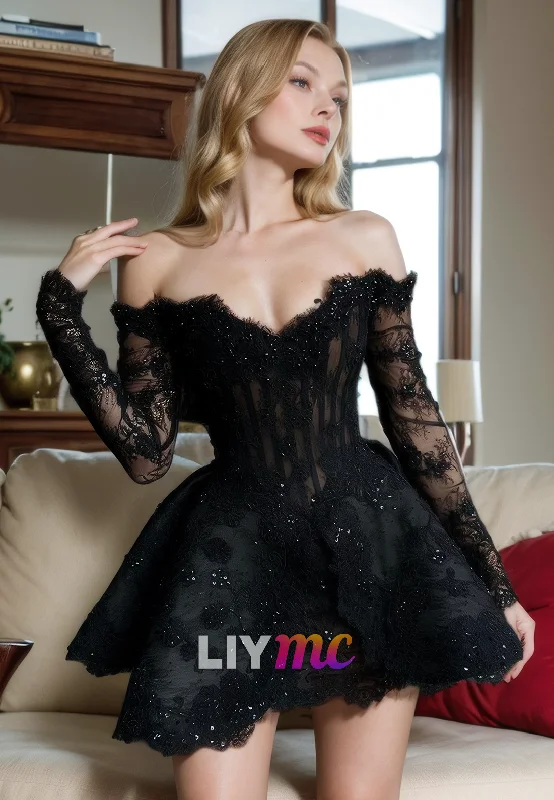 Chic Style Off-Shoulder Long Sleeves Appliques Tiered A-Line Short Homecoming Dress