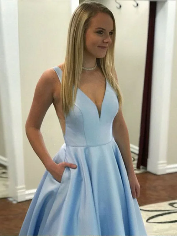 Cool Prices A Line V Neck Light Blue Satin Long Prom Dresses with Pocket, V Neck Light Blue Formal Graduation Evening Dresses