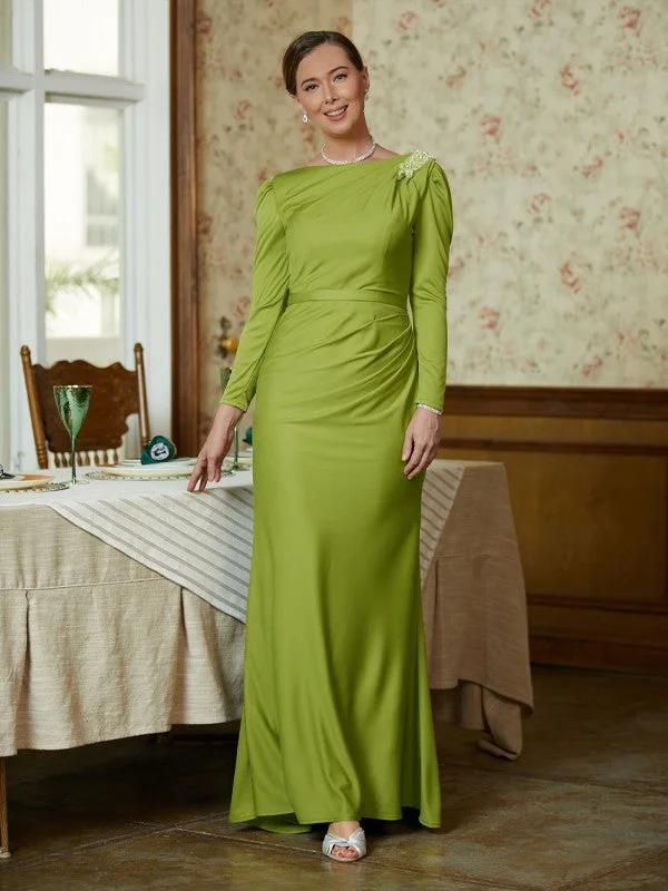 Boho - Chic Festival - Ready Style Sheath/Column Jersey Ruched Scoop Long Sleeves Floor-Length Mother of the Bride Dresses