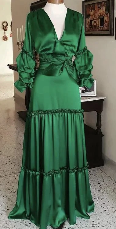 Limited Quantities Vintage Emerald Green Long Sleeves Evening Dress,Emerald Green Evening Gown  Y5237