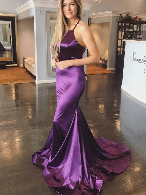 Exclusive Sale Sexy Purple Mermaid Backless Satin Long Prom Dresses with Cross Back, Purple Formal Dresses, Backless Evening Dresses 2019