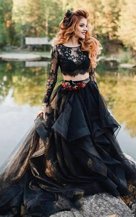 End Of Season Sale Black | Gothic Two Piece A-line Long Sleeve Prom | Wedding Dress with Drapings and Flowers